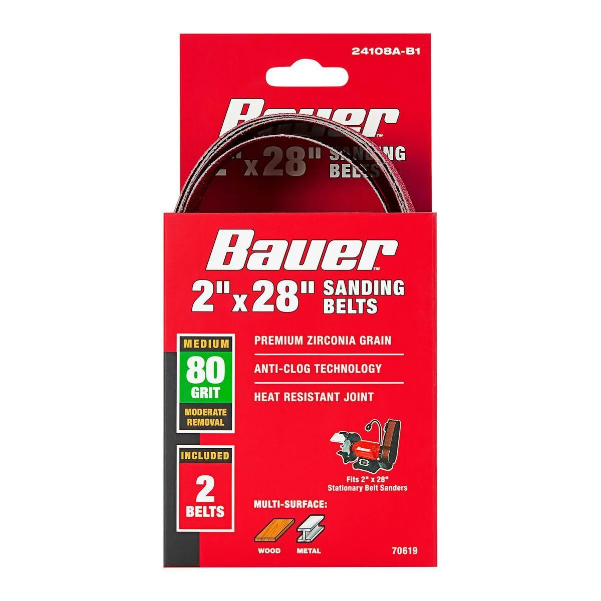 Bandas de Lija 2" x 28" Grano 80,BAUER 2 Piezas